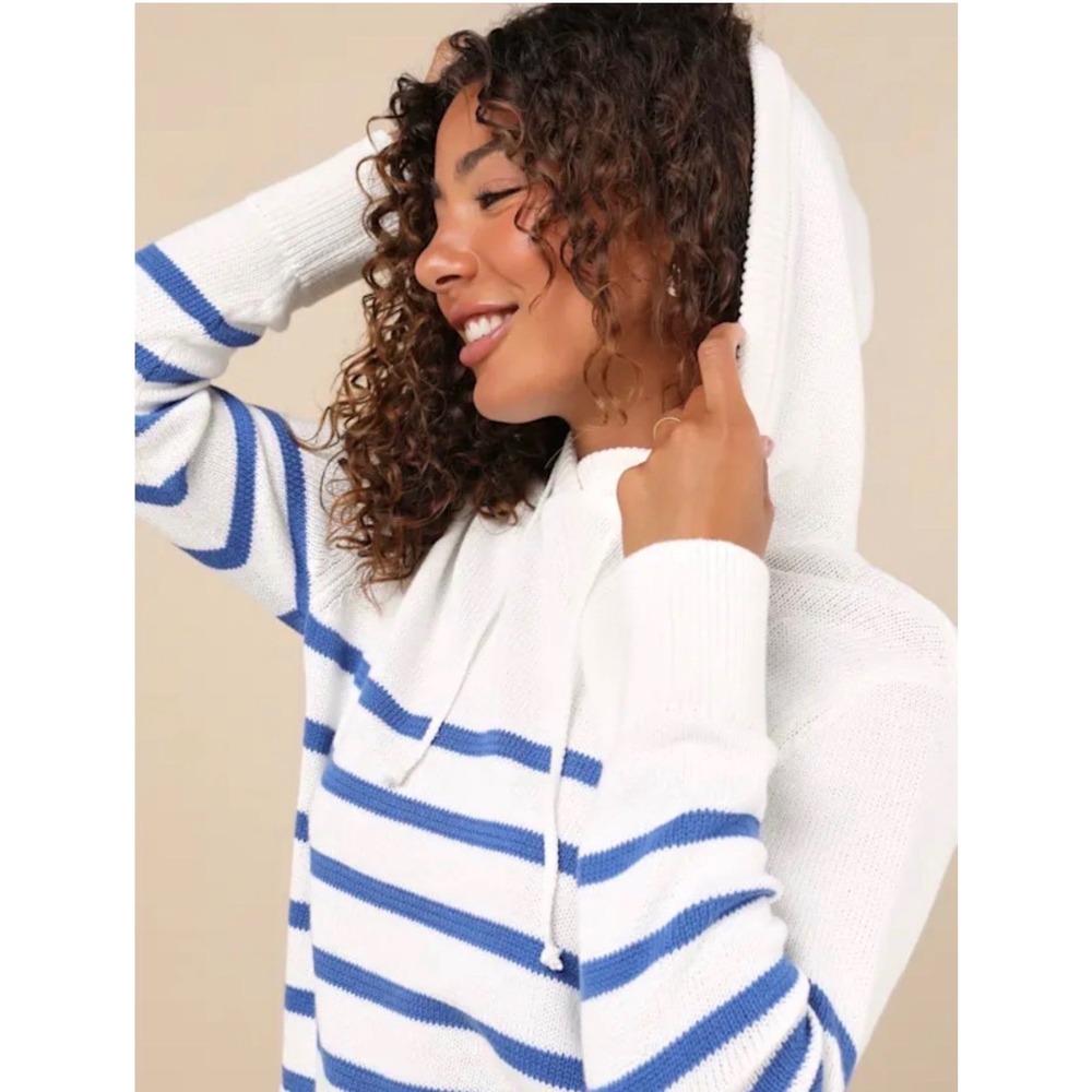 Lulus Blue Ivory Striped Hooded Sweater XL 100% Cotton Coastal Nautical Pullover